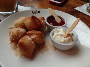 Doughnuts w/ Vanilla Mascarpone & Strawberry Preserves at Lola
