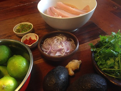 Ingredients for ceviche in a cooking class in Santiago, Chile! Fresh sliced sea bass, diced green and red Chiles, thinly sliced red onion, ginger, avocado, lime and cilantro are laid out on a cutting board in various bowls.