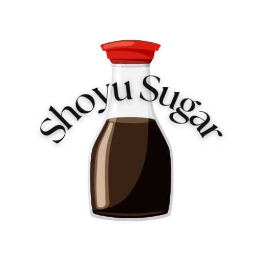 Illustration of a soy sauce bottle with the label 'Shoyu Sugar' in bold, stylish lettering.