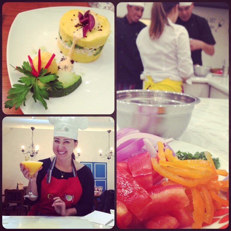 A collage of photos, from top left: a finished dish of causa with vegetable garnish from the Culinary Cusco cooking class in Peru. Top right: two chefs assist the main chef in preparing ingredients for class. Bottom left: Author Malia Yoshioka sits with a cocktail in a chefs hat and apron during the cooking class. Bottom right: ingredients for another peruvian dish from class, lomo saltado.