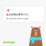 A useful food phrases for travel: a Duolingo quote in Japanese for "My favorite food is sushi" with Japanese characters above and English translation below, spoken by Fallstaff, the Duolingo bear.