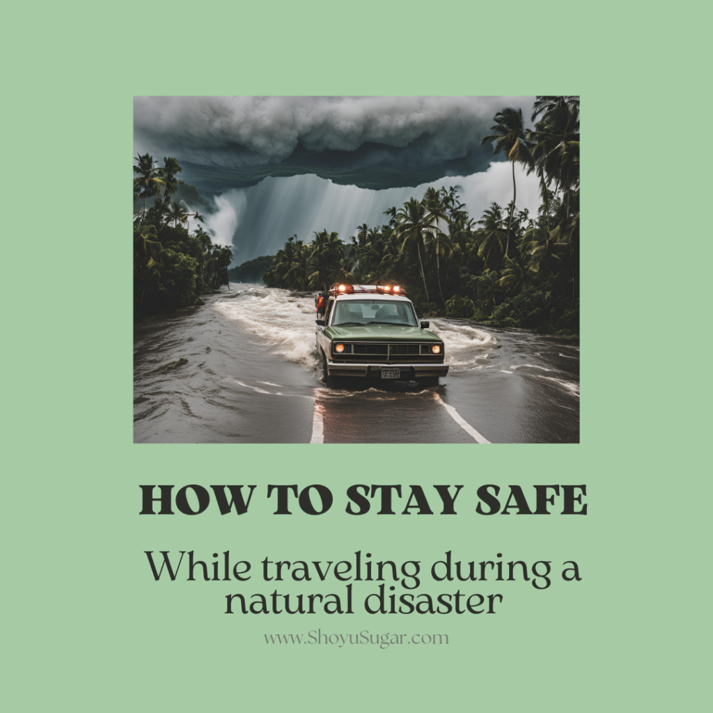 An image of a emergency vehicle driving through a flooded road with palm trees on either side and a dark storm cloud in the background. Text reads: How to stay safe while traveling during a natural disaster www.ShoyuSugar.com