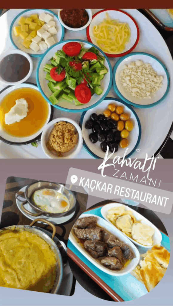 Traditional Black Sea (Karadeniz) breakfast at Kaçkar Restaurant in Ataşehir, Istanbul, featuring hearty regional dishes like melted cornmeal muhlama, fried eggs (sahanda yumurta), kavurma, and a platter of local cheeses, honey with clotted cream, olives, fresh tomatoes and cucumbers, and homemade jams served in enamel dishes.